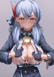 Rule 34 | 1girl, absurdres, ako (blue archive), azuma (sospower73), bell, black gloves, black hairband, blue archive, blue hair, blush, breasts, chain, cleavage, clenched teeth, collar, cowbell, cuffs, earrings, embarrassed, gloves, grey background, hairband, halo, highres, jewelry, large breasts, long hair, long sleeves, looking at viewer, neck bell, no bra, open clothes, open shirt, parted lips, purple eyes, shackles, shirt, simple background, solo, sweat, tearing up, tears, teeth, unbuttoned, unbuttoned shirt, upper body, v-shaped eyebrows, white shirt