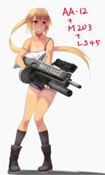 Rule 34 | 1girl, aa-12, aai corporation, absurdres, airtronic usa, automatic shotgun, bad id, bad pixiv id, blonde hair, boots, borrowed character, collarbone, colt&#039;s manufacturing company, colt defense, combat shotgun, commentary request, diemaco, drum magazine, flat chest, full body, grenade launcher, grey background, gun, high-capacity magazine, highres, jessica jefferson, knees together feet apart, knight&#039;s armament company, lewis machine and tool company, long sleeves, m203, magazine (weapon), onibi (foxhound4185), original, ponytail, red eyes, rm equipment, shirt tan, short shorts, shorts, shotgun, solo, standing, tan, tank top, tanline, u.s. ordnance, underbarrel grenade launcher, weapon