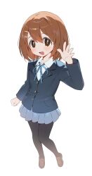 Rule 34 | 1girl, absurdres, black jacket, black socks, blazer, blue ribbon, blue skirt, blush, brown eyes, brown footwear, brown hair, collared shirt, dot nose, dress shirt, full body, hair between eyes, hair ornament, hairclip, hand up, hashtag only commentary, highres, hirasawa yui, jacket, k-on!, loafers, looking at viewer, neck ribbon, open hand, open mouth, pantyhose, perspective, pleated skirt, ribbon, sakuragaoka high school uniform, school uniform, seoji, shirt, shoes, simple background, skirt, socks, solo, standing, tagme, white background, white shirt