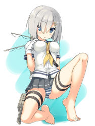 Rule 34 | 10s, 1girl, barefoot, blue eyes, breasts, feet, full body, gloves, hair over one eye, hamakaze (kancolle), highres, kantai collection, large breasts, no legwear, ochinsama, panties, personification, school uniform, serafuku, short hair, silver hair, solo, striped clothes, striped panties, toes, underwear, white gloves