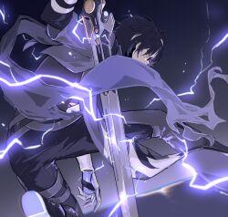 Rule 34 | 1boy, black footwear, black hair, black headwear, fighting stance, floating scarf, from behind, holding, holding sword, holding weapon, lightning, mao (expuella), mechanical hands, multicolored hair, noan: arca (punishing: gray raven), noan (punishing: gray raven), on one knee, punishing: gray raven, scarf, short hair, streaked hair, sword, torn clothes, torn scarf, weapon, yellow eyes