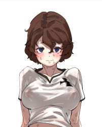 Rule 34 | 1girl, absolutemabbak, akaboshi koume, blue eyes, blush, breasts, brown hair, closed mouth, commentary, covered erect nipples, cross, girls und panzer, gym shirt, gym uniform, iron cross, large breasts, looking at viewer, no bra, one-hour drawing challenge, see-through, shirt, short hair, short sleeves, simple background, smile, solo, sweat, upper body, wavy hair, wet, wet clothes, wet shirt, white background, white shirt