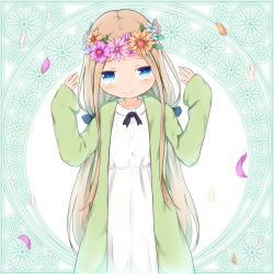 Rule 34 | 1girl, abigail williams (fate), alternate costume, black bow, blue eyes, blue flower, blush, bow, closed mouth, collared dress, commentary request, dress, fate/grand order, fate (series), flower, flower wreath, green jacket, hair bow, hands up, head wreath, highres, jacket, light brown hair, long hair, long sleeves, looking at viewer, open clothes, open jacket, parted bangs, petals, purple flower, sleeves past wrists, smile, solo, su guryu, very long hair, white dress, yellow flower