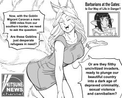 Rule 34 | :d, absurdres, animal ears, bb (baalbuddy), commentary, dress, english commentary, english text, facial mark, fangs, female goblin, fox ears, fox news, fox tail, goblin, greyscale, highres, kitsune, monochrome, multiple tails, open mouth, original, parody, pointy ears, short dress, simple background, smile, tail, watch, whisker markings, white background, wristwatch