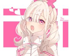 Rule 34 | 1girl, absurdres, bandaged arm, bandages, blush, hair ornament, hair over one eye, hands on own face, heart, highres, long hair, looking at viewer, mole, mole under eye, nijisanji, open mouth, pink background, pink eyes, puffy short sleeves, puffy sleeves, shirt, short sleeves, signature, sofra, solo, sukoya kana, twintails, twitter username, two-tone background, upper body, virtual youtuber, white background, white hair, white shirt, wrist cuffs, x hair ornament