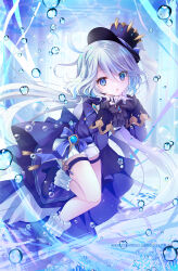 Rule 34 | 1girl, air bubble, blue eyes, blue footwear, blue hat, blue jacket, bubble, chestnut mouth, commentary request, eyes visible through hair, furina (genshin impact), genshin impact, gloves, grey hair, hair over one eye, hands up, hat, heterochromia, high heels, highres, jacket, long sleeves, looking at viewer, parted lips, shirogane hina, shoes, short shorts, shorts, sleeves past wrists, solo, thigh strap, tilted headwear, top hat, white gloves, white shorts