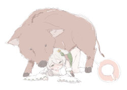 Rule 34 | 1girl, absurdres, all fours, bent over, bestiality, blush, boar, doggystyle, happy, highres, japanese clothes, miko, nipple slip, nipples, nocn, pig, sex, sex from behind, simple background, white hair, x-ray