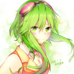 Rule 34 | 1girl, 277114602, absurdres, bare shoulders, blurry, bokeh, breasts, brooch, cleavage, dated, depth of field, detached collar, goggles, goggles on head, green eyes, green hair, gumi, highres, jewelry, long hair, looking at viewer, medium breasts, orange shirt, red-tinted eyewear, shirt, short hair with long locks, sleeveless, sleeveless shirt, smile, solo, tinted eyewear, upper body, vocaloid