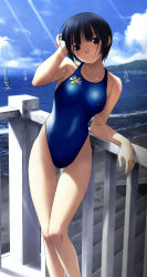 Rule 34 | 1girl, asics, beach, blue one-piece swimsuit, blunt bangs, breasts, breasts apart, cloud, competition swimsuit, day, halterneck, hand on own head, hashimoto takashi, head tilt, ichinose mio, leaning to the side, legs together, one-piece swimsuit, outdoors, short hair, skin tight, sky, solo, standing, swimsuit, third-party edit, wet, wet hair, white breath