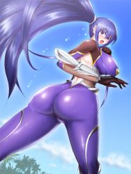 Rule 34 | 00s, 1girl, akiyama rinko, ass, backless outfit, black gloves, blue bodysuit, blue hair, blush, bodysuit, breasts, cameltoe, cloud, con nyaku, fishnet bodysuit, fishnets, gloves, high ponytail, hip focus, large breasts, long hair, looking at viewer, ninja, open mouth, outdoors, palm tree, ponytail, purple eyes, shiny clothes, sideboob, sidelocks, skin tight, sky, solo, surprised, sweat, taimanin (series), taimanin asagi, taimanin suit, taimanin yukikaze, taimanin yukikaze 2, tree, very long hair