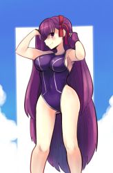 Rule 34 | 10s, 1girl, bb (fate), bb (fate/extra), boa (brianoa), competition swimsuit, fate/extra, fate/extra ccc, fate (series), highres, legs apart, long hair, one-piece swimsuit, purple hair, purple one-piece swimsuit, red eyes, standing, swimsuit, very long hair