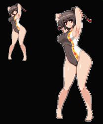 Rule 34 | 1girl, alternate hairstyle, armpits, arms up, bad id, bad twitter id, bare arms, bare legs, barefoot, black background, black hair, breasts, closed mouth, commentary request, covered navel, full body, groin, large breasts, looking at viewer, multiple views, namako daibakuhatsu, one-piece swimsuit, pixel art, ponytail, red eyes, shameimaru aya, sideboob, simple background, smile, standing, swimsuit, touhou