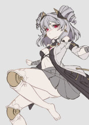 Rule 34 | 1girl, android, barefoot, breasts, closed mouth, dress, drill hair, earrings, grey background, grey dress, grey hair, grey skirt, highres, honkai (series), honkai impact 3rd, jewelry, junik (snrj2255), long sleeves, looking at viewer, navel, pleated skirt, prometheus (honkai impact), red eyes, simple background, skirt, small breasts, solo, stomach, toes, twin drills