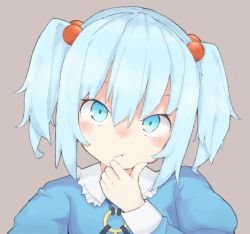 Rule 34 | 1girl, :t, blue hair, blush, close-up, closed mouth, commentary, dot nose, eyebrows hidden by hair, frilled shirt collar, frills, hair between eyes, hair bobbles, hair ornament, hand on own chin, hand up, head tilt, kae karee, kawashiro nitori, key, light blue hair, long sleeves, looking at viewer, no headwear, nose blush, puffy long sleeves, puffy sleeves, purple background, short hair, simple background, skindentation, solo, thinking, touhou, twintails, upper body, upturned eyes