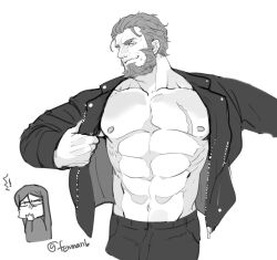Rule 34 | !, 2boys, abs, alternate costume, bara, bare pectorals, beard, chibi, chibi inset, covering own mouth, cropped legs, facial hair, fate/grand order, fate (series), fenman, greyscale, iskandar (fate), jacket, large pectorals, looking at viewer, lord el-melloi ii, male focus, mature male, monochrome, multiple boys, muscular, muscular male, navel, nipples, open clothes, open jacket, pants, pectorals, scar, scar on chest, short hair, smug, spoken exclamation mark, stomach, unzipped, waver velvet