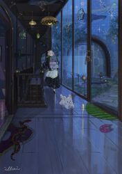 Rule 34 | 1girl, absurdres, animal, animal ears, artist name, black dress, black footwear, blue eyes, cat ears, ceiling, closed mouth, dog, doormat, dress, grass, highres, holding, humpback whale, illumi999, jellyfish print, lamp, long dress, original, painting (object), path, photo (object), puffy sleeves, road, serious, signature, solo, stairs, stairwell, star (symbol), tree, walking, water, whale, white hair, window, wooden floor, wooden wall