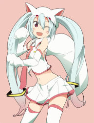 Rule 34 | 1girl, cosplay, crossover, hatsune miku, ixy, kyubey, kyubey (cosplay), kyuubee (cosplay), mahou shoujo madoka magica, mahou shoujo madoka magica (anime), one eye closed, red eyes, solo, thighhighs, vocaloid, wink