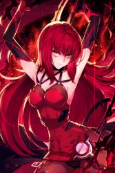 Rule 34 | 1girl, armpits, arms up, backlighting, bad id, bad pixiv id, belt, black gloves, black panties, bodysuit, breasts, burning, choker, cowboy shot, crimson avenger (elsword), cross-laced clothes, dress, elesis (elsword), elsword, eyebrows, fire, gloves, hair between eyes, highres, holding, holding sword, holding weapon, hwansang, lens flare, light particles, long hair, looking at viewer, microdress, open belt, panties, red dress, red hair, red theme, shade, sideboob, sleeveless, smile, solo, sword, torn clothes, torn gloves, underwear, very long hair, weapon, yellow eyes