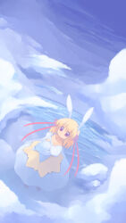 Rule 34 | 1girl, animal ears, blonde hair, blue dress, blue sky, breasts, caustics, closed mouth, cloud, collarbone, commentary request, dress, emurin, expressionless, full body, hair ribbon, highres, juliet sleeves, long sleeves, looking at viewer, medium breasts, medium hair, ocean, original, outdoors, puffy sleeves, rabbit ears, red eyes, red ribbon, ribbon, sky, solo, strapless, strapless dress, water