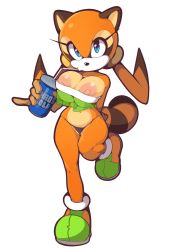 Rule 34 | 1girl, alternate breast size, animal ears, blue eyes, cleft of venus, furry, gloves, highres, looking at viewer, marine the raccoon, mystical (plantpenetrator), navel, nipples, sega, shirt, shoes, sonic (series), strapless, strapless shirt, tail, white background