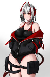 Rule 34 | 1girl, absurdres, antenna hair, antennae, arknights, black choker, black jacket, black one-piece swimsuit, black tail, breasts, choker, cleavage, competition swimsuit, demon girl, demon horns, demon tail, diamond (shape), eyeshadow, full-length zipper, gradient tail, grey hair, hands in pockets, hexagon print, highres, horns, jacket, large breasts, long sleeves, looking at viewer, makeup, multicolored clothes, multicolored swimsuit, multicolored tail, multiple thigh straps, myb52, one-piece swimsuit, orange eyes, pouch, red eyes, red eyeshadow, red horns, red jacket, red one-piece swimsuit, red tail, short hair, short hair with long locks, simple background, solo, swimsuit, symbol-shaped pupils, tail, thigh pouch, two-tone swimsuit, w (arknights), white background, zipper