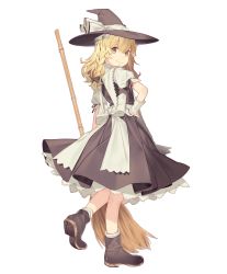 Rule 34 | 1girl, absurdres, apron, bamboo broom, black dress, black footwear, black vest, blonde hair, boots, bow, braid, broom, dress, full body, hair bow, hand on own hip, highres, holding, holding broom, kirisame marisa, kitada mo, long hair, looking at viewer, looking back, shirt, simple background, single braid, smile, solo, standing, standing on one leg, touhou, vest, waist apron, white background, white shirt