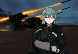 Rule 34 | 1girl, absurdres, bad id, bad link, dcinside, fire, girls&#039; frontline, green eyes, green hair, highres, looking at viewer, missile, original, second-party source, short hair, sky, solo