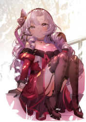 Rule 34 | 1girl, bare shoulders, blush, brown footwear, brown gloves, brown thighhighs, chest tattoo, choker, closed mouth, dress, full body, fuyouchu, garter straps, gloves, hair ribbon, hairband, holding, holding hair, hyakumantenbara salome, hyakumantenbara salome (1st costume), juliet sleeves, knees up, long sleeves, nijisanji, puffy sleeves, purple eyes, purple hair, red dress, ribbon, shoes, sitting, smile, solo, tattoo, thighhighs, virtual youtuber