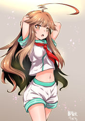 Rule 34 | 1girl, ahoge, artist name, breasts, brown eyes, brown hair, cowboy shot, gradient background, green sailor collar, grey background, huge ahoge, kantai collection, kuma (kancolle), long hair, looking at viewer, midriff, navel, neckerchief, open mouth, red neckerchief, sailor collar, school uniform, serafuku, shirt, short sleeves, shorts, shungikuten, small breasts, solo, white shorts