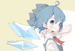 Rule 34 | 1girl, ahoge, blue dress, blue eyes, blue hair, blush stickers, bow, cirno, collared shirt, dress, expressionless, hair bow, highres, ice, ice wings, looking at viewer, neck ribbon, red ribbon, ribbon, shirt, short hair, short sleeves, solo, tenoo12, touhou, two-tone background, upper body, white shirt, wings
