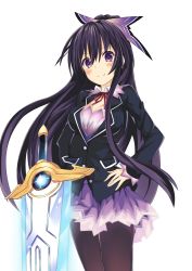 Rule 34 | 10s, 1girl, absurdres, aria (schwarza97rw0rd), black hair, breasts, cleavage, date a live, highres, long hair, looking at viewer, open mouth, pantyhose, ponytail, purple eyes, purple hair, ribbon, smile, solo, sword, very long hair, weapon, yatogami tooka