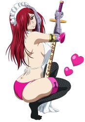 Rule 34 | 1girl, absurdres, ass, back, bare back, bare shoulders, bikini, blush, breasts, brown eyes, erza scarlet, fairy tail, female focus, hair over one eye, hand on head, heart, highres, large breasts, long hair, looking at viewer, maid cap, red hair, simple background, smile, solo, swimsuit, sword, thighhighs, thighs, transparent, weapon