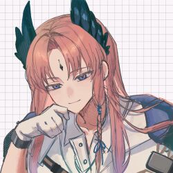 1boy arknights brown_hair closed_mouth commentary gloves grey_background grid grid_background hair_intakes halftone hand_on_own_face highres long_hair looking_at_viewer male_focus parted_bangs passenger_(arknights) purple_eyes sketch smile solo tede_pp upper_body white_gloves