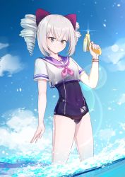 Rule 34 | 1girl, absurdres, blue sky, bow, bronya zaychik, caisena, chinese commentary, closed mouth, cloud, commentary request, covered navel, day, drill hair, grey eyes, grey hair, hair bow, hand up, highres, holding, honkai (series), honkai impact 3rd, neckerchief, one-piece swimsuit, outdoors, pink neckerchief, purple bow, purple sailor collar, purple one-piece swimsuit, sailor collar, school uniform, serafuku, shirt, short sleeves, sidelocks, sky, smile, solo, standing, swimsuit, swimsuit under clothes, twin drills, water, white shirt