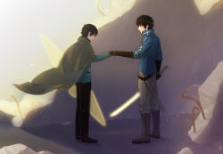 Rule 34 | 2boys, black footwear, black gloves, black hair, black pants, black shirt, blue jacket, boots, cape, emblem, energy barrier, energy shield, fist bump, floating clothes, from behind, full body, futaba 08 cnmrl, glasses, gloves, glowing, glowing sword, glowing weapon, green cape, grey footwear, grey pants, holding, holding sword, holding weapon, jacket, karasuma kyousuke, knee boots, light particles, long sleeves, looking at another, looking away, male focus, mikumo osamu, multiple boys, outstretched arm, pants, pants tucked in, profile, ruins, shield, shirt, shoes, short hair, smile, standing, sunlight, sword, t-shirt, uniform, weapon, world trigger