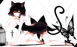 Rule 34 | 1girl, all fours, animal ear fluff, animal ears, artist name, ass, bad id, bad pixiv id, bare arms, bare legs, bare shoulders, birdcage, black bow, black choker, black dress, black footwear, black hair, bow, bug, butterfly, cage, cat ears, cat tail, chinese commentary, choker, collarbone, commentary request, crescent, crescent choker, dress, finger to mouth, hair between eyes, high heels, highres, insect, nail polish, original, pumps, red eyes, red nails, sheya, short dress, short hair, simple background, solo, strapless, strapless dress, tail, thighs, white background