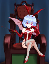 Rule 34 | 1girl, bat wings, chair, head rest, dominatrix, elbow gloves, gloves, highres, crossed legs, looking at viewer, m-shiganai, purple hair, red eyes, red gloves, remilia scarlet, ribbon, sitting, solo, touhou, wings