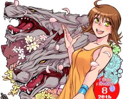 Rule 34 | 1girl, armband, brown hair, cerberus (ff8), d-maker, dress, final fantasy, final fantasy viii, flipped hair, green eyes, long hair, looking at viewer, open mouth, selphie tilmitt, simple background, smile, white background, wristband, yellow dress