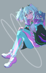 Rule 34 | 1girl, animal, animal on shoulder, aqua eyes, aqua pantyhose, blue shirt, bolo tie, bright pupils, brooch, closed mouth, collared shirt, commentary, crossed legs, grey background, hair ribbon, hand on own knee, heart, heart brooch, highres, hood, hood down, hooded jacket, invisible chair, jacket, jewelry, jj (ssspulse), long sleeves, looking at viewer, medium hair, multicolored clothes, multicolored jacket, open clothes, open jacket, pantyhose, precure, precure all stars, precure all stars f, preme (precure), puca (precure), purple footwear, purple pantyhose, red eyes, red hair, ribbon, shirt, shoes, sitting, smile, solo, two-tone pantyhose, two side up, white pupils