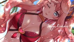 Rule 34 | 1girl, ;p, bikini, blue eyes, blush, breasts, choker, english text, happy birthday, highres, jewelry, looking at viewer, medium breasts, nail polish, one eye closed, pink hair, princess connect!, red bikini, rokico, smile, solo, suzuna (princess connect!), suzuna (summer) (princess connect!), swimsuit, tongue, tongue out, upper body, wet