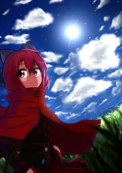 Rule 34 | 1girl, bow, caibao return, cape, cloud, hair bow, hands in pockets, highres, lens flare, long sleeves, looking at viewer, red eyes, red hair, sekibanki, short hair, skirt, sky, smile, solo, touhou