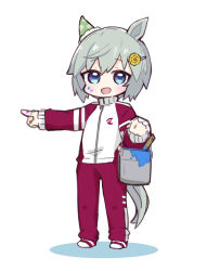 Rule 34 | 1girl, :d, animal ears, blue eyes, blush, bucket, colored shadow, commentary request, flower, full body, grey hair, hair between eyes, hair flower, hair ornament, hairclip, highres, holding, holding bucket, horse ears, horse girl, horse tail, jacket, long sleeves, looking at viewer, nozo (hitomiz), open mouth, paint on fingers, paint splatter, paint splatter on face, pants, purple jacket, purple pants, seiun sky (umamusume), shadow, shoes, sleeves past wrists, smile, solo, standing, tail, track jacket, track pants, track suit, umamusume, white background, white footwear, yellow flower
