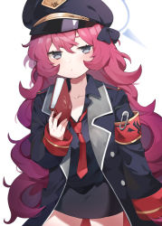 Rule 34 | 1girl, absurdres, armband, black hat, black shirt, blue archive, blush, book, breasts, cleavage, collared shirt, grey eyes, hair ribbon, halo, hat, highres, holding, holding book, iroha (blue archive), jacket, long hair, long sleeves, looking at viewer, medium breasts, military, military hat, military jacket, military uniform, necktie, peaked cap, red hair, red necktie, ribbon, safety pin, shirt, simple background, solo, uniform, wang0424, wavy hair