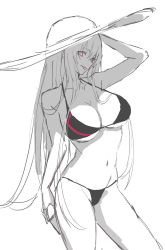 Rule 34 | 1girl, absurdres, arm behind head, bare shoulders, beak (girls&#039; frontline), bikini, black bikini, breasts, cleavage, closed mouth, collarbone, feet out of frame, ff frbb122, from side, girls&#039; frontline, greyscale, hat, highres, large breasts, long hair, looking at viewer, monochrome, navel, pink eyes, sangvis ferri, solo, standing, sun hat, swimsuit, tongue, tongue out, white hat