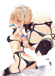 Rule 34 | 1girl, absurdres, artoria pendragon (all), artoria pendragon (alter swimsuit rider) (second ascension) (fate), artoria pendragon (fate), bikini, black bikini, black jacket, black ribbon, black thighhighs, blonde hair, blush, breasts, butt crack, eating, fate/grand order, fate (series), food, frilled bikini, frills, garter belt, hair ribbon, highres, holding, holding food, jacket, looking at viewer, lying, maid, maid headdress, miyakawa106, multiple views, navel, neck ribbon, popsicle, ribbon, saber (fate), saber alter, simple background, sitting, small breasts, sweat, swimsuit, thighhighs, white background