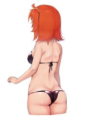 Rule 34 | 1girl, absurdres, arm at side, ass, bad id, bad twitter id, bare shoulders, bikini, breasts, butt crack, cowboy shot, cropped legs, dimples of venus, fate/grand order, fate (series), from behind, fujimaru ritsuka (female), hair ornament, hair scrunchie, highres, medium breasts, medium hair, one side up, orange hair, purple bikini, scrunchie, shiny clothes, shiny skin, sideboob, simple background, solo, swimsuit, tomo (ryo i so ), white background
