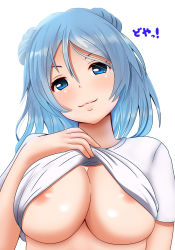 Rule 34 | 1girl, areola slip, blue eyes, blue hair, breasts, clothes lift, commentary request, double bun, doyagao, hifumi kei, highres, kantai collection, large breasts, lifting own clothes, looking at viewer, no bra, shirt, shirt lift, smug, solo, urakaze (kancolle), white background