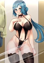 Rule 34 | 1girl, bare arms, bare shoulders, black thighhighs, blue eyes, blue hair, blush, breasts, cleavage, collarbone, cowboy shot, female focus, gluteal fold, gundam, gundam build fighters, highres, indoors, iori rinko, large breasts, lingerie, long hair, matching hair/eyes, mirror, navel, nico-mo, o-ring, open mouth, solo, teeth, thighhighs, underwear, upper teeth only