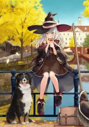 Rule 34 | 1girl, :q, absurdres, ankle boots, azuuru, bag, black hat, black robe, blue eyes, blue sky, blush, boots, bridge, broom, brown shirt, brown skirt, building, cover image, cream, cream on face, crepe, day, dog, dress shirt, eating, elaina (majo no tabitabi), floating hair, food, food on face, full body, hair between eyes, hat, highres, holding, holding food, licking lips, long hair, long sleeves, looking at viewer, majo no tabitabi, medium skirt, novel illustration, off-shoulder shirt, off shoulder, official art, on railing, outdoors, pointy footwear, railing, reflection, reflective water, robe, shirt, shoes, sitting, skirt, sky, smile, solo, textless version, tongue, tongue out, tree, very long hair, water, white hair, witch hat