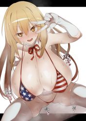 Rule 34 | + +, 1girl, alternate breast size, american flag bikini, american flag print, areola slip, arm support, bikini, black border, blonde hair, blush, border, breasts, cleavage, clothes lift, commentary request, detached collar, elbow gloves, feet out of frame, flag print, from above, furau, gloves, groin, hair between eyes, hanging breasts, heavy breathing, highres, huge breasts, invisible chair, long hair, looking at viewer, micro bikini, microskirt, neck ribbon, open mouth, orange eyes, print bikini, red ribbon, ribbon, shiny skin, shokuhou misaki, sidelocks, sitting, skindentation, skirt, skirt lift, smile, solo, sound effects, sparkle, sparkling eyes, spread legs, steaming body, strap gap, sweat, swimsuit, thighhighs, thong bikini, toaru kagaku no railgun, toaru majutsu no index, toaru majutsu no index gaiden: toaru kagaku no mental out, upturned eyes, w, w over eye, white background, white gloves, white skirt, white thighhighs